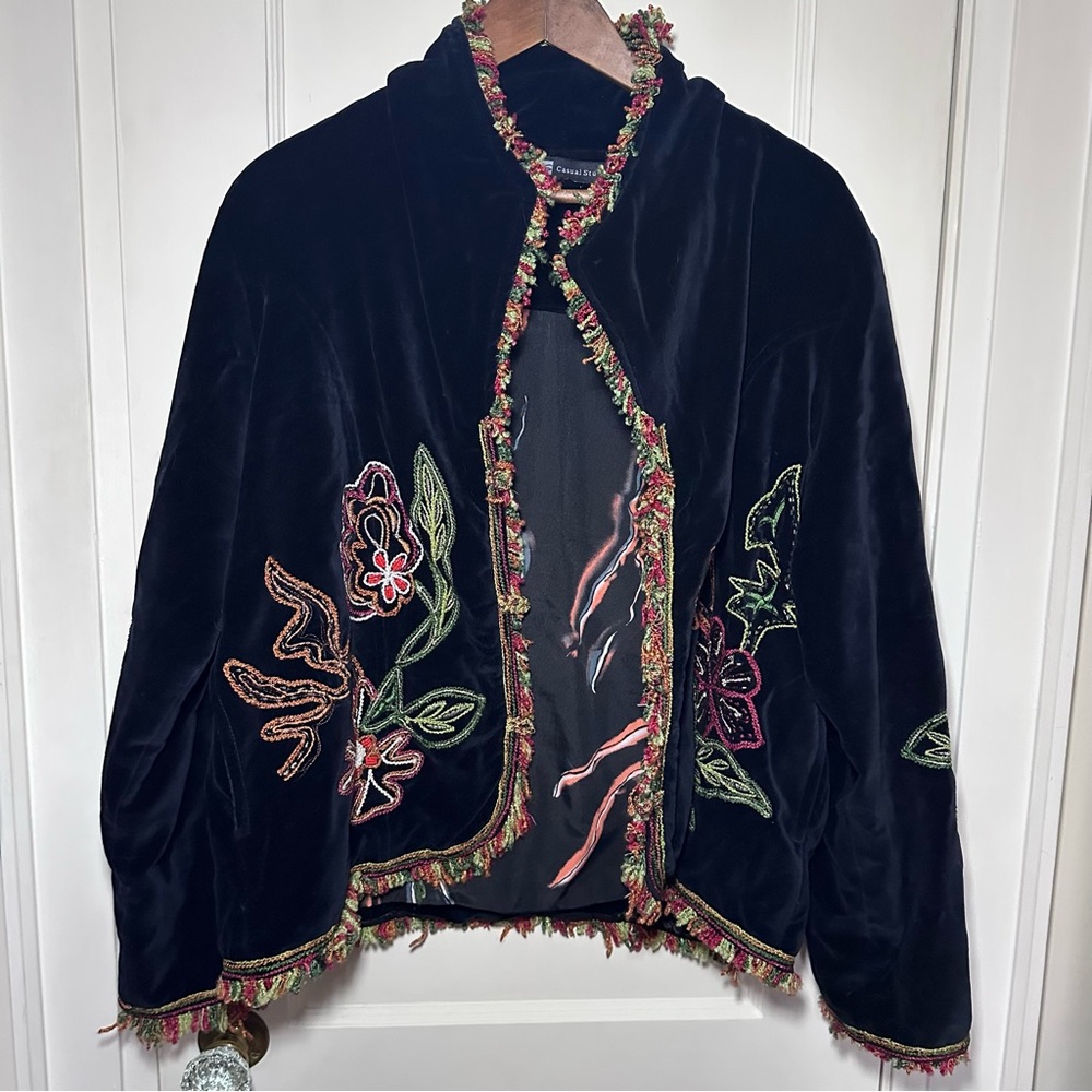 Black Embroidered & Beaded Jacket with Fringe Detail, Boho, One of a Kind